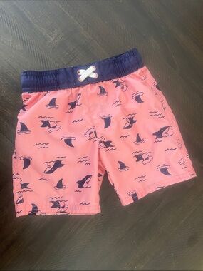 Cat & Jack Pink Swim Shorts with Navy Waistband and Shark Print